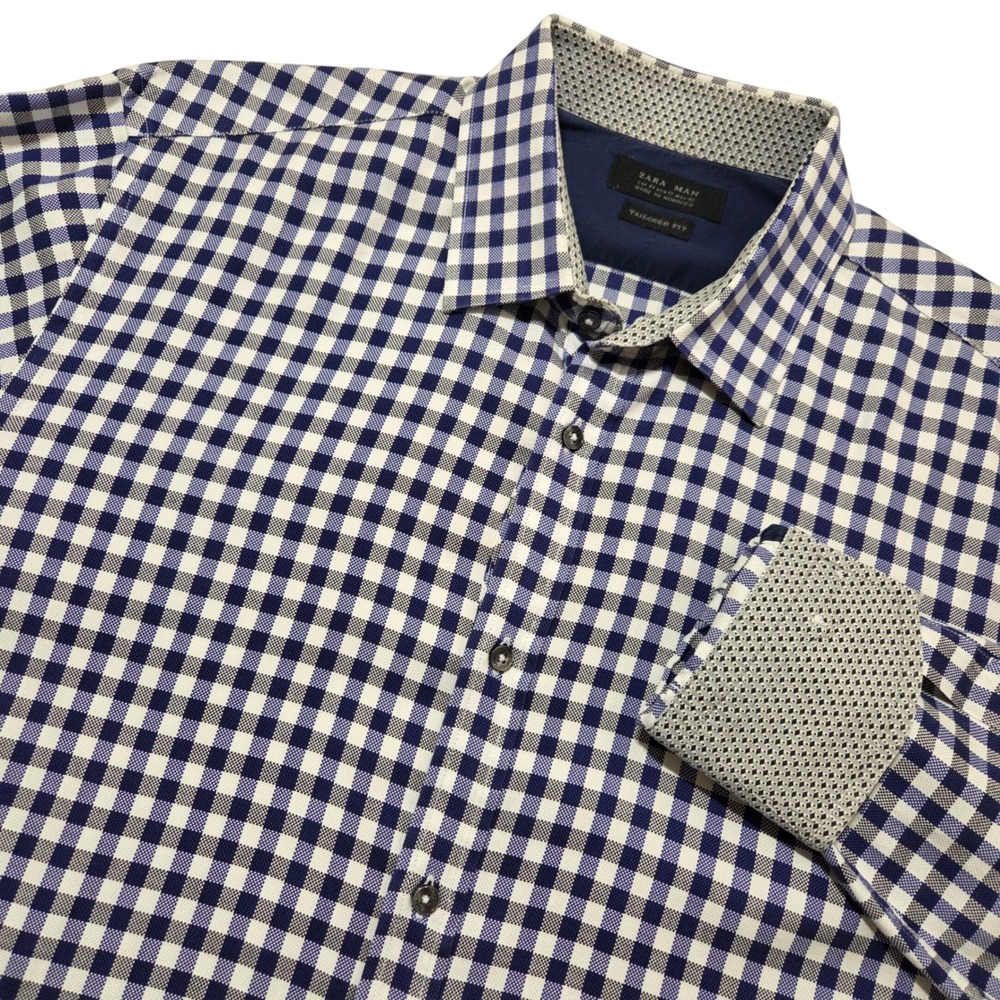 Zara Blue and White Checkered Casual Button Down Shirt